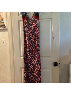 Zara Red Patterned V-Neck Maxi Dress